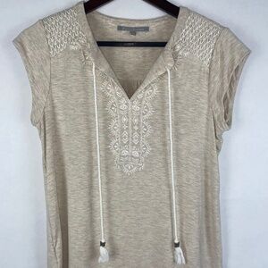 Daniel Rainn Embroidered Heather Tan Short Sleeve Tee Top, Petite Small EUC